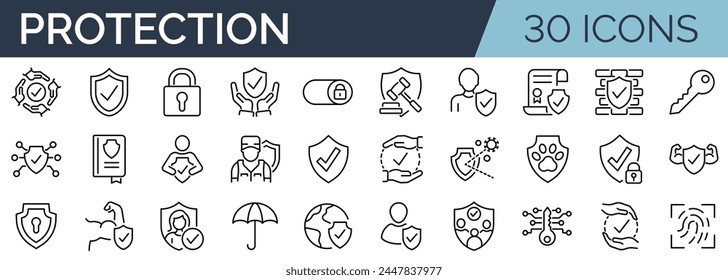 Set of 30 outline icons related to protection. Linear icon collection. Editable stroke. Vector illustration