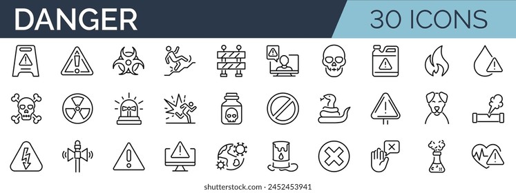 Set of 30 outline icons related to danger. Linear icon collection. Editable stroke. Vector illustration