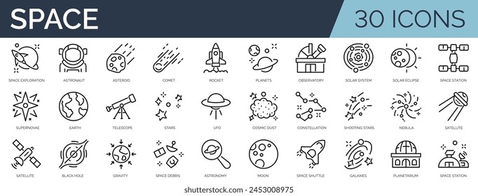 Set of 30 outline icons related to space and astronomy. Linear icon collection. Editable stroke. Vector illustration