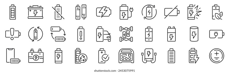 Set of 30 outline icons related to battery. Linear icon collection. Editable stroke. Vector illustration