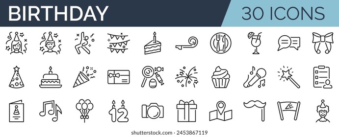 Set of 30 outline icons related to birthday. Linear icon collection. Editable stroke. Vector illustration