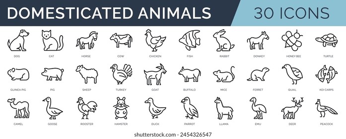 Set of 30 outline icons related to domesticated animals. Linear icon collection. Editable stroke. Vector illustration
