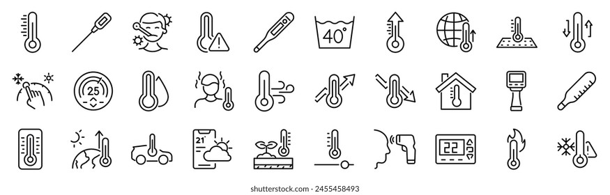 Conjunto de 30 iconos de contorno relacionados con la temperatura, termómetro. Colección de iconos lineales. Trazo editable. Ilustración vectorial