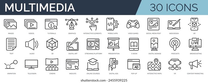 Set of 30 outline icons related to multimedia. Linear icon collection. Editable stroke. Vector illustration