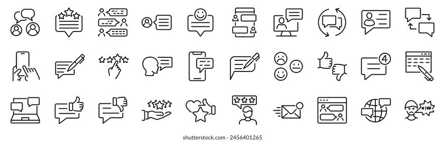 Set of 30 outline icons related to feedback. Linear icon collection. Editable stroke. Vector illustration