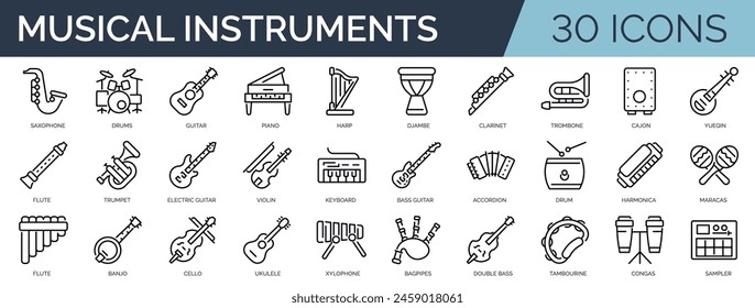 Conjunto de 30 iconos de contorno relacionados con instrumentos musicales. Colección de iconos lineales. Trazo editable. Ilustración vectorial