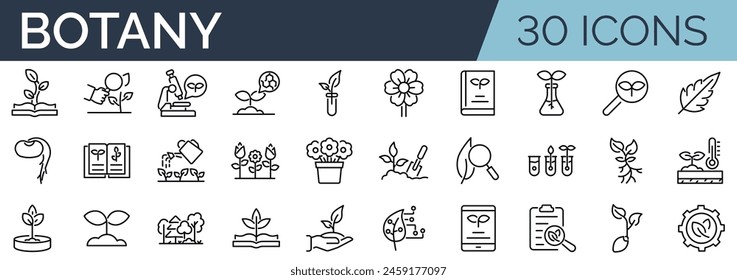 Set of 30 outline icons related to botany. Linear icon collection. Editable stroke. Vector illustration