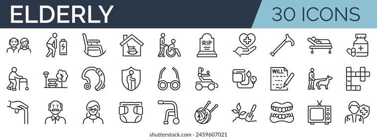 Set of 30 outline icons related to elderly. Linear icon collection. Editable stroke. Vector illustration