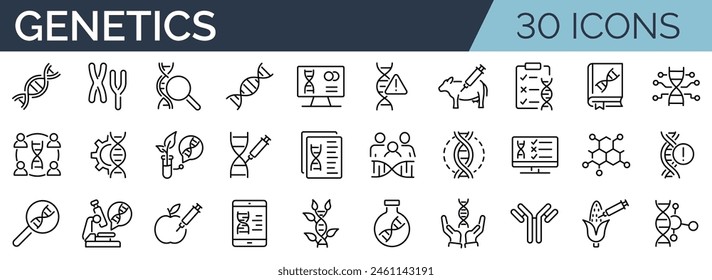 Set of 30 outline icons related to genetic. Linear icon collection. Editable stroke. Vector illustration