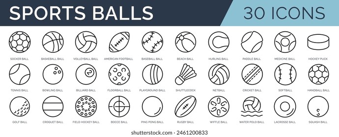 Set of 30 outline icons related to sports balls. Linear icon collection. Editable stroke. Vector illustration