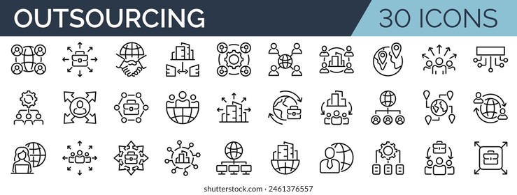 Set of 30 outline icons related to outsourcing. Linear icon collection. Editable stroke. Vector illustration