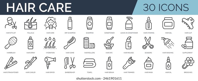 Set of 30 outline icons related to hair care. Linear icon collection. Editable stroke. Vector illustration