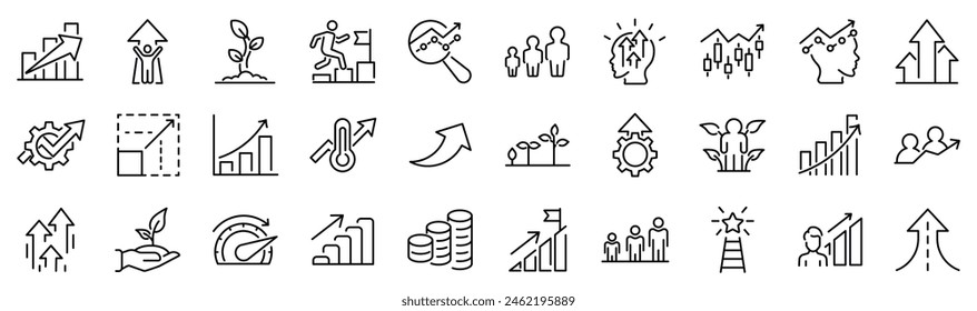 Set of 30 outline icons related to growth. Linear icon collection. Editable stroke. Vector illustration