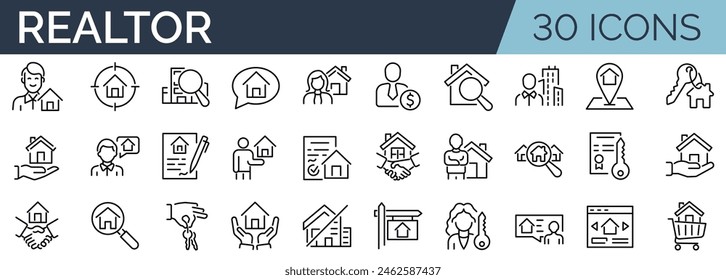 Set of 30 outline icons related to realtor. Linear icon collection. Editable stroke. Vector illustration