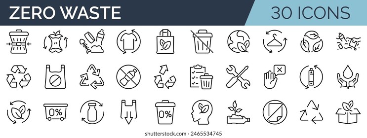 Set of 30 outline icons related to zero waste. Linear icon collection. Editable stroke. Vector illustration