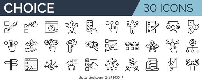 Conjunto de 30 iconos de esquema relacionados con la elección. Colección de iconos lineales. Trazo editable. Ilustración vectorial