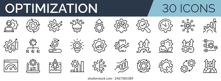 Set of 30 outline icons related to optimization. Linear icon collection. Editable stroke. Vector illustration