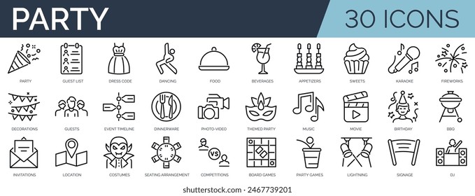 Set of 30 outline icons related to party. Linear icon collection. Editable stroke. Vector illustration