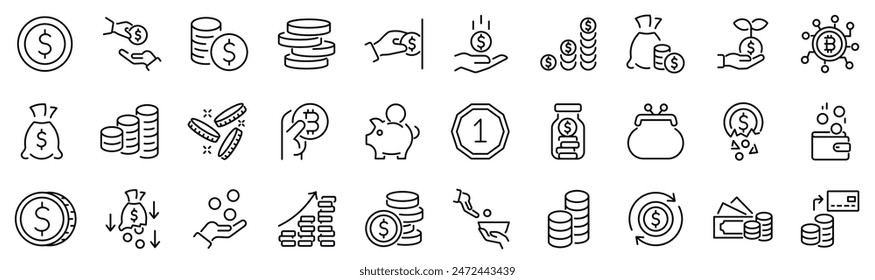 Set of 30 outline icons related to coins. Linear icon collection. Editable stroke. Vector illustration