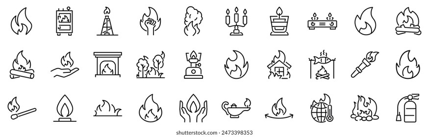 Set of 30 outline icons related to fire, flame. Linear icon collection. Editable stroke. Vector illustration