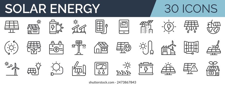 Set of 30 outline icons related to solar energy. Linear icon collection. Editable stroke. Vector illustration