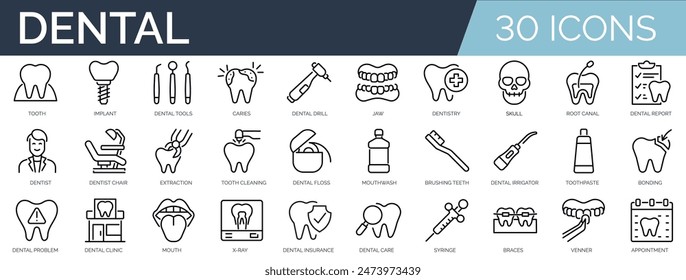 Conjunto de 30 iconos de contorno relacionados con solar dental. Colección de iconos lineales. Trazo editable. Ilustración vectorial