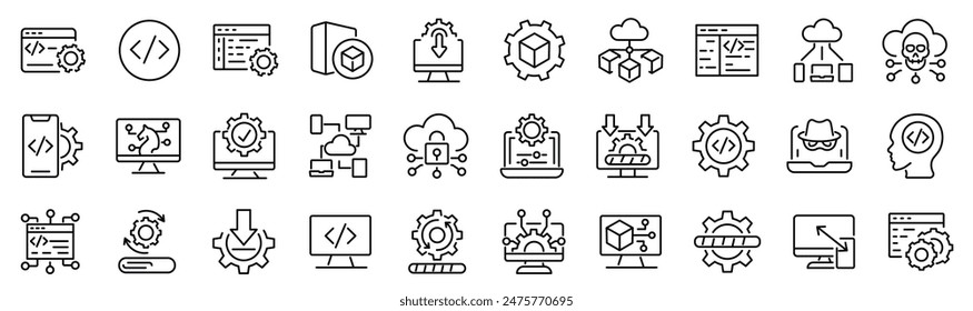 Set of 30 outline icons related to software. Linear icon collection. Editable stroke. Vector illustration