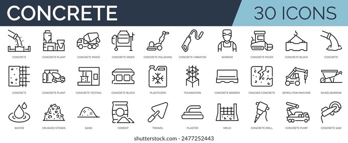 Set of 30 outline icons related to concrete. Linear icon collection. Editable stroke. Vector illustration