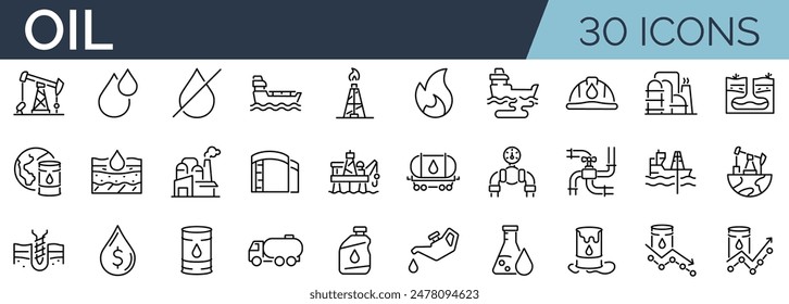 Set of 30 outline icons related to oil industry. Linear icon collection. Editable stroke. Vector illustration