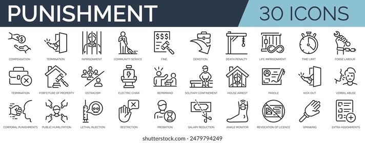 Set of 30 outline icons related to punishment. Linear icon collection. Editable stroke. Vector illustration