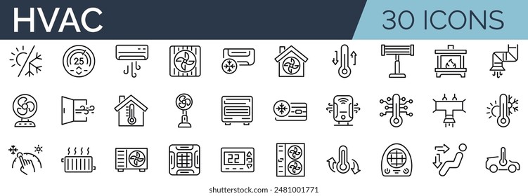 Set of 30 outline icons related to hvac. Linear icon collection. Editable stroke. Vector illustration