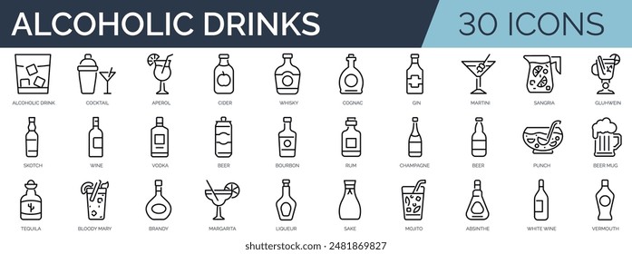 Set of 30 outline icons related to alcoholic drinks . Linear icon collection. Editable stroke. Vector illustration