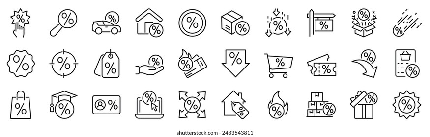 Set of 30 outline icons related to discount, sale. Linear icon collection. Editable stroke. Vector illustration