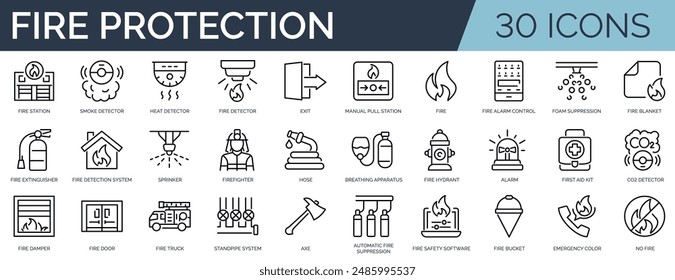 Set of 30 outline icons related to fire protection. Linear icon collection. Editable stroke. Vector illustration