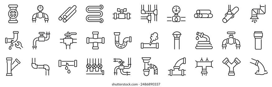 Set of 30 outline icons related to pipeline. Linear icon collection. Editable stroke. Vector illustration