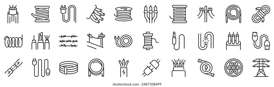 Set of 30 outline icons related to wires, cables. Linear icon collection. Editable stroke. Vector illustration