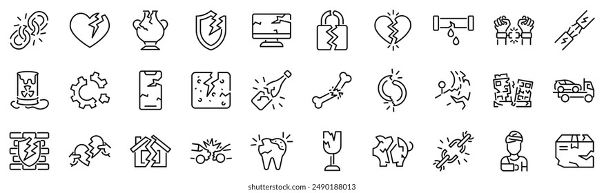 Set of 30 outline icons related to damaged, broken. Linear icon collection. Editable stroke. Vector illustration