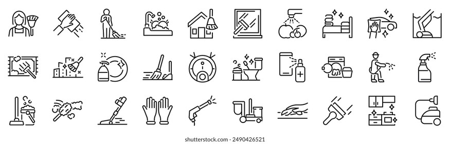 Satz von 30 Umrisssymbole im Zusammenhang mit Reinigung, Waschen. Lineare Kollektion von Symbolen. Bearbeitbarer Strich. Vektorillustration