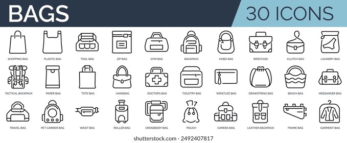 Set of 30 outline icons related to bags. Linear icon collection. Editable stroke. Vector illustration