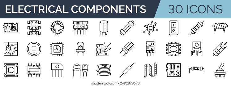 Set of 30 outline icons related to electrical components. Linear icon collection. Editable stroke. Vector illustration