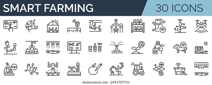 Set of 30 outline icons related to smart farming. Linear icon collection. Editable stroke. Vector illustration