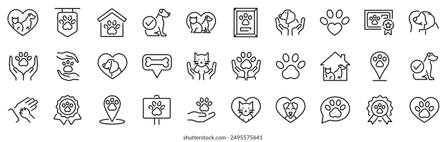 Conjunto de 30 iconos de contorno relacionados con mascotas. Colección de iconos lineales. Trazo editable. Ilustración vectorial