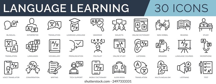 Set of 30 outline icons related to language learning. Linear icon collection. Editable stroke. Vector illustration