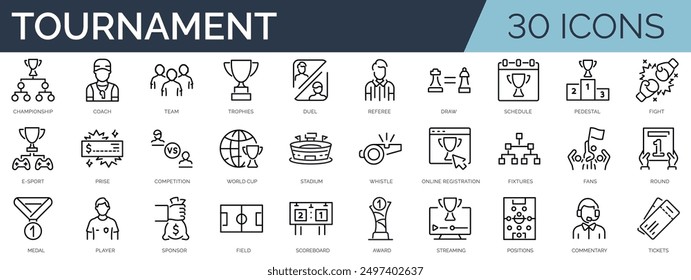 Set of 30 outline icons related to competition, tournament. Linear icon collection. Editable stroke. Vector illustration