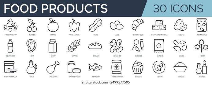 Set of 30 outline icons related to food product classification .Linear icon collection. Editable stroke. Vector illustration