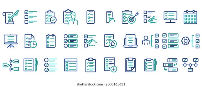 Set of 30 outline icons related to checklist, plan, task, to do list. Linear icon collection. Editable stroke. Vector illustration