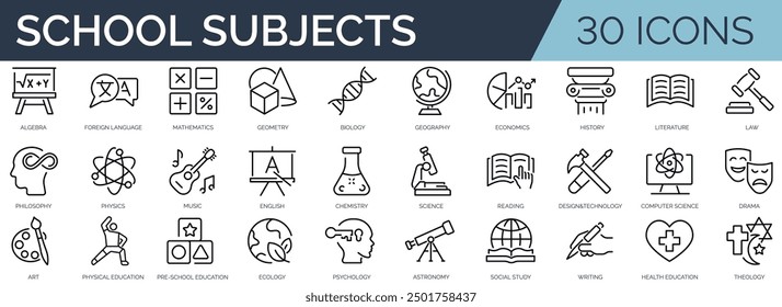 Set of 30 outline icons related to school subjects. Linear icon collection. Editable stroke. Vector illustration