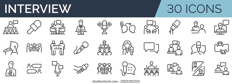 Set of 30 outline icons related to interview. Linear icon collection. Editable stroke. Vector illustration