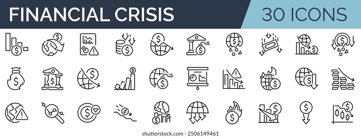 Set of 30 outline icons related to financial crisis. Linear icon collection. Editable stroke. Vector illustration