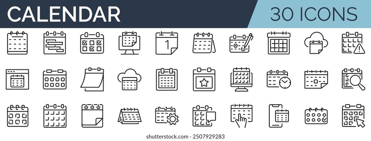 Conjunto de 30 iconos de esquema relacionados con el calendario. Colección de iconos lineales. Trazo editable. Ilustración vectorial